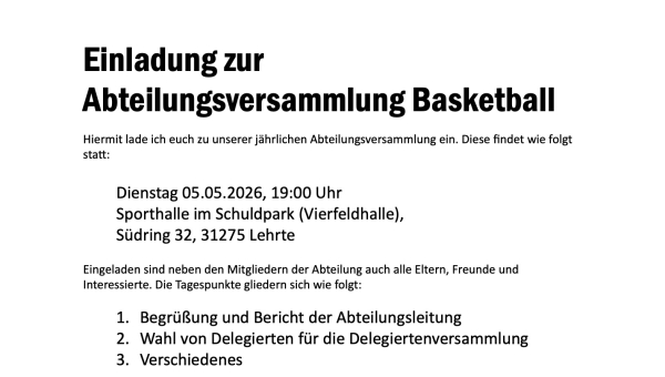 Einladung Abteilungsversammlung Basketball